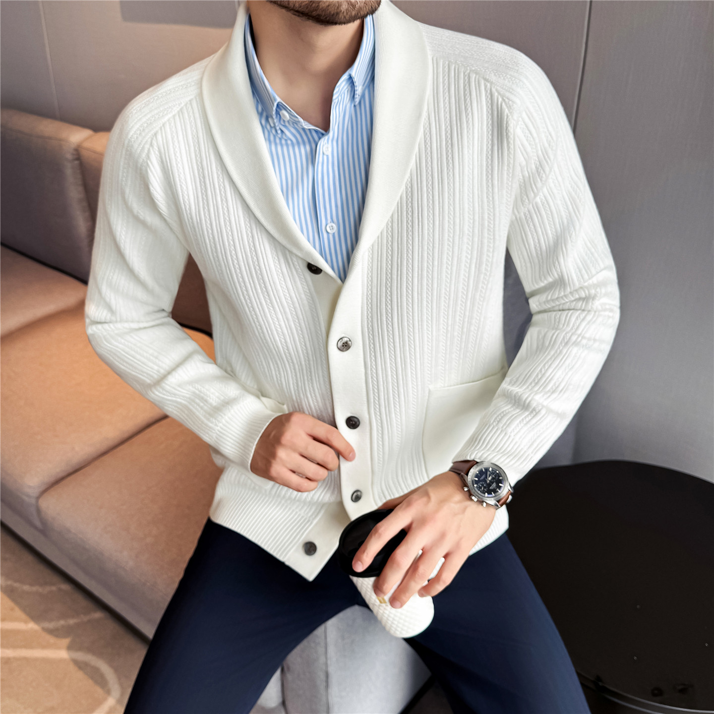 Men's Shawl Collar Knit Cardig - Wool Scarf Men 评论和价格