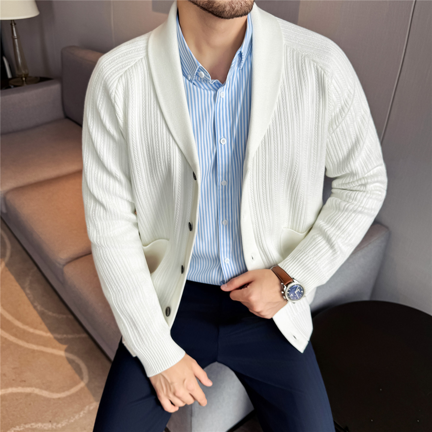 Men's Shawl Collar Knit Cardig - Wool Scarf Men 评论和价格
