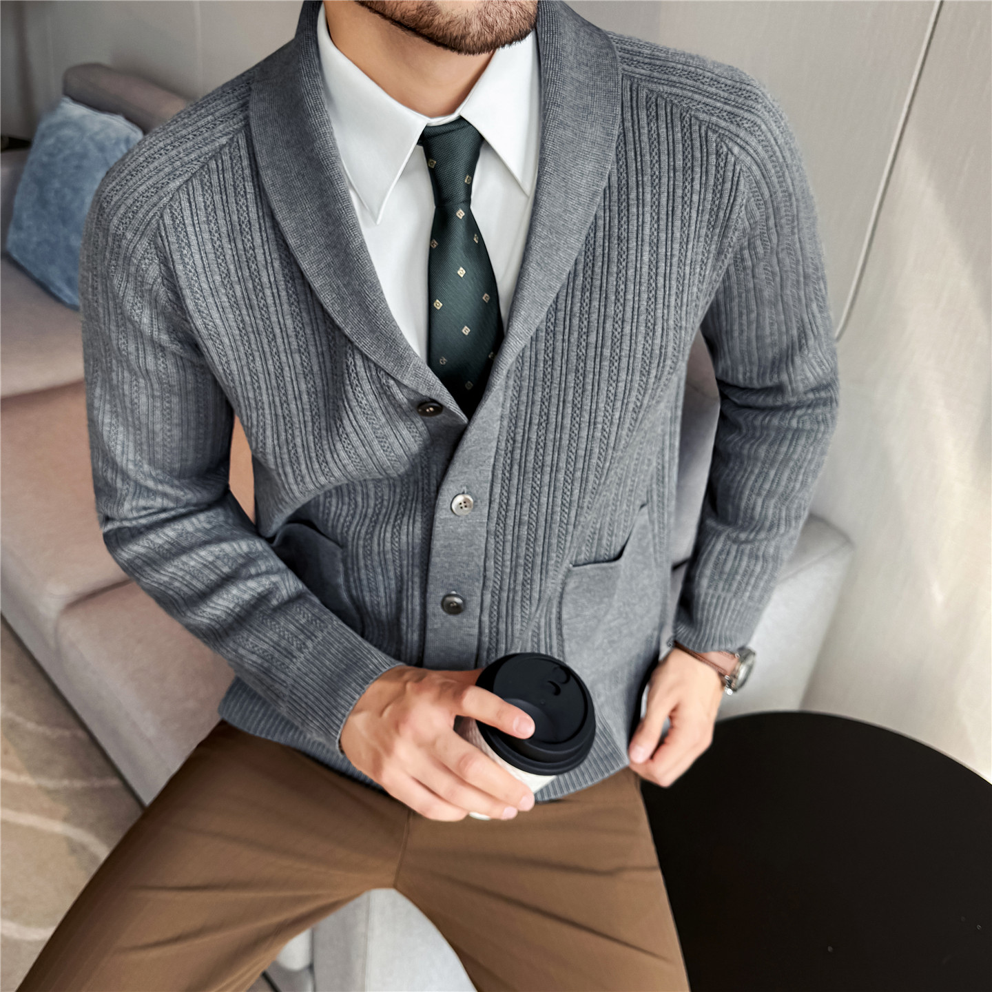 Men's Shawl Collar Knit Cardig - Wool Scarf Men 评论和价格