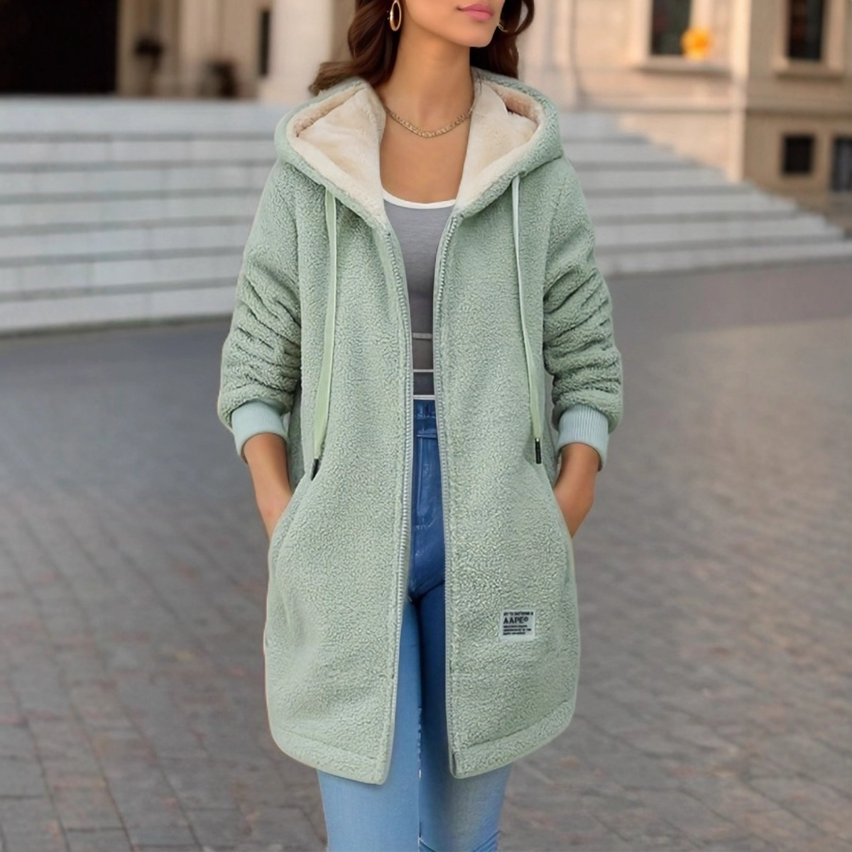 Thick Fleece Mid Length Jacket - Sherpa Hoodie Fleece 评论和价格