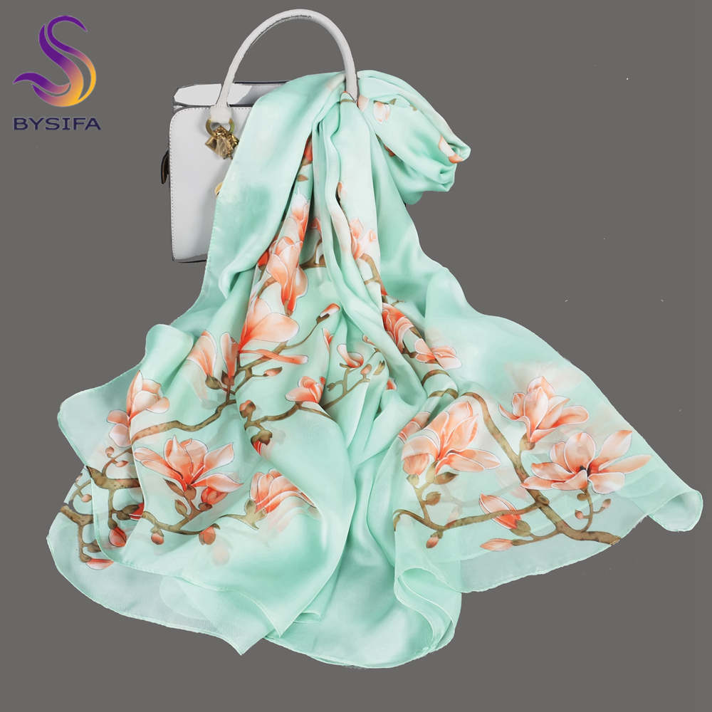 BYSIFA| Light Green Silk Scarf - Shawl Wrap Winter 评论和价格