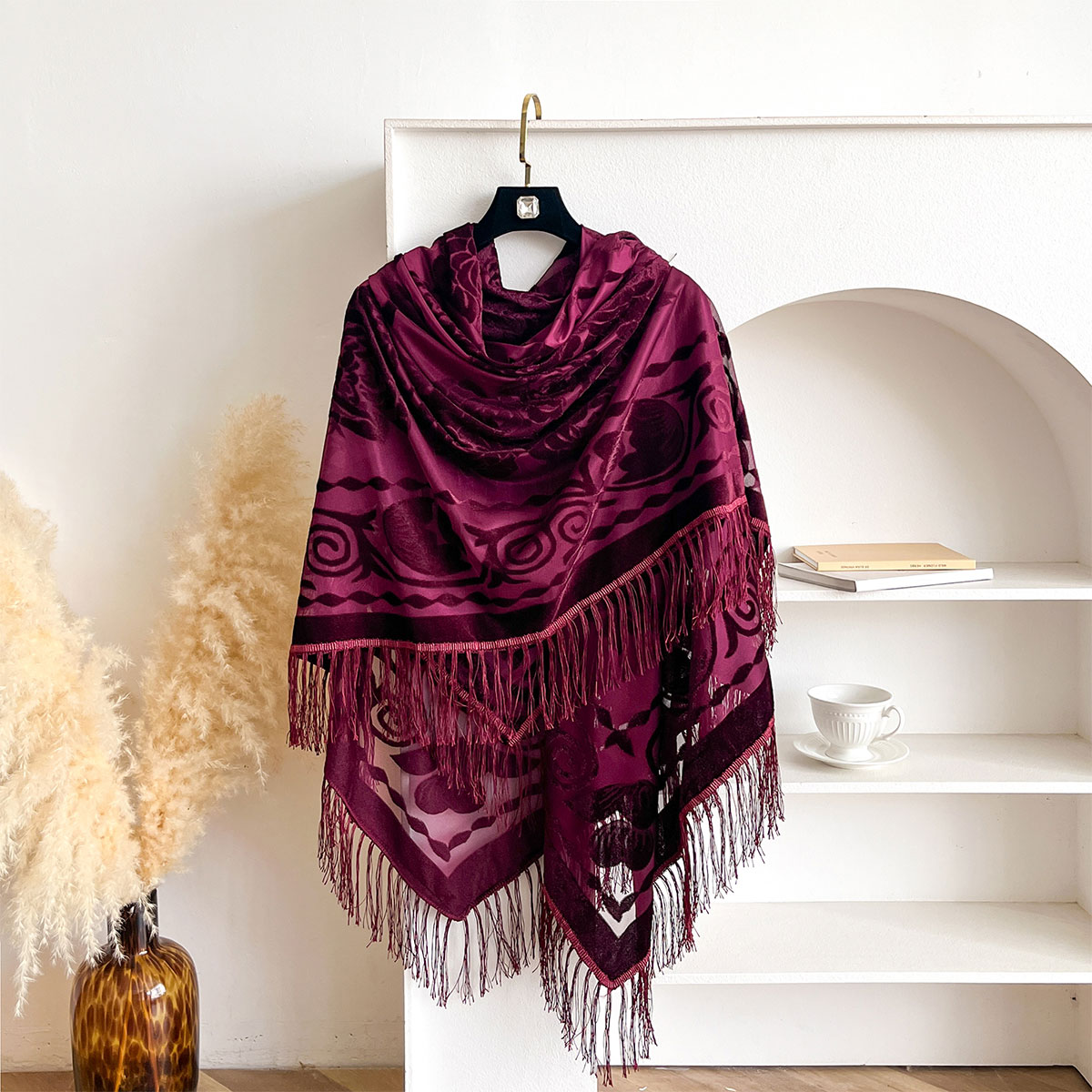Retro Velvet Tassel Scarf Flor - Shawl Wrap Winter 评论和价格